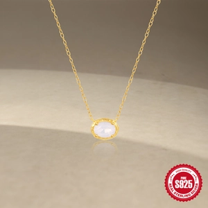 S925 sterling silver necklace with oval pink opal pendant and gold textured bezel
