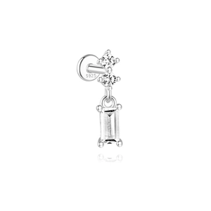 Close-up of S925 sterling silver earring with square zircon pendant and S925 hallmark