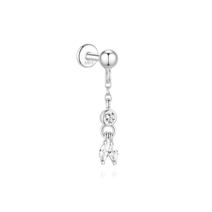 Close-up of S925 sterling silver dangle stud earring with marquise cut zircon stones