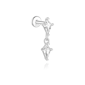 Macro detail of S925 sterling silver stud earring with kite-cut cubic zirconia and S925 stamp