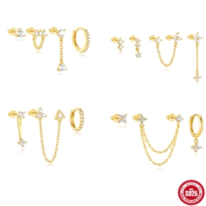 Colección de Pendientes para Mujer en Plata de Ley S925 Chapada en Oro Triángulo Geométrico Flor Borla Con Zirconia AAAAA Joyería