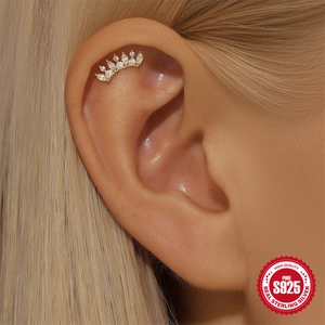 S925 sterling silver gold crown helix stud earring with sparkling zircon stones