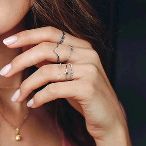 5-piece S925 sterling silver ring set featuring geometric CZ accents and floral designs
