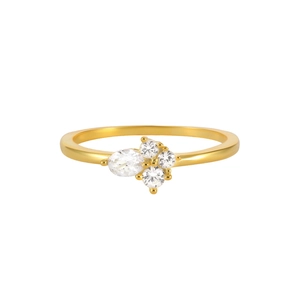 Detail of gold cluster ring featuring four white zircon stones in a sleek setting
