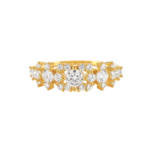 Macro view of gold S925 silver ring featuring geometric cluster of round white zircons