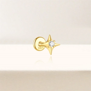 Macro shot of 16G gold S925 silver cartilage stud with a four-pointed star and zircon