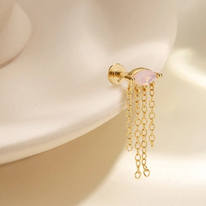 Detail of S925 sterling silver stamp on golden pink opal marquise tassel earrings