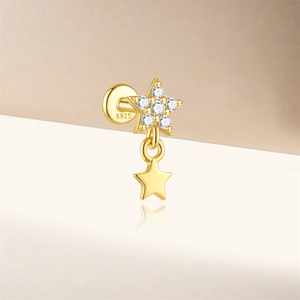 Detail view of S925 sterling silver star cartilage stud with cubic zirconia and S925 hallmark