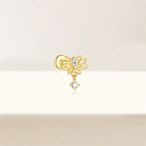 Detailed macro view of S925 sterling silver lotus stud earring with sparkling zircon stones