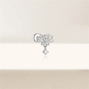 Macro detail of S925 sterling silver lotus stud earring with marquise stone and S925 stamp