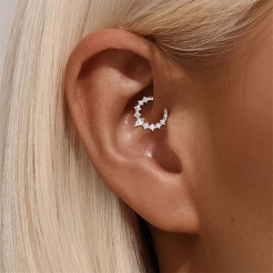 Detailed view of S925 sterling silver Daith earring with sparkling cluster crystals