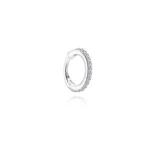Macro shot of S925 sterling silver hoop earring with double rows of pavé moissanite