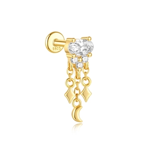 Detail of S925 silver gold earring featuring marquise stones and celestial tassels