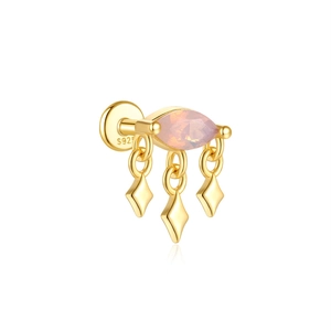 Macro detail of S925 sterling silver stamp on gold opal stud earrings with star pendants