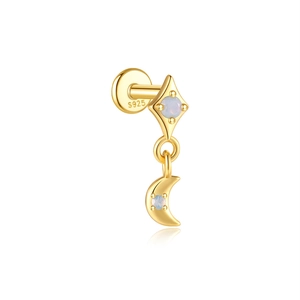 Detail of S925 silver gold crescent moon earring with marquise cut opal gemstones