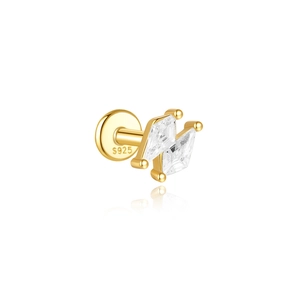 Detailed macro view of S925 sterling silver stamp on golden labret stud with white zircon