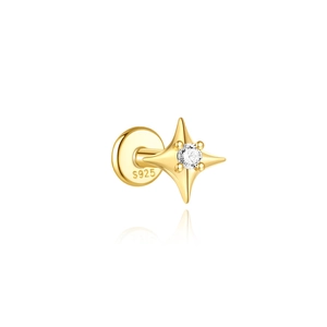 Macro detail of S925 sterling silver star cartilage stud with a clear zircon stone