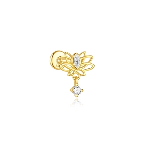 Detail of S925 gold-plated lotus earring with marquise white zircon and dangling stone