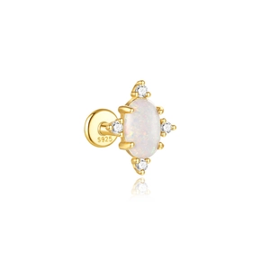 Detail of S925 sterling silver earring with oval opal and four sparkling zircons