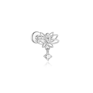Macro detail of S925 sterling silver stamp on lotus earring with marquise stone