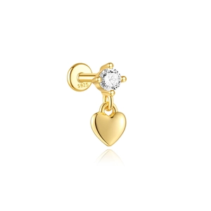 Detailed shot of S925 sterling silver gold heart cartilage stud with round zircon stone