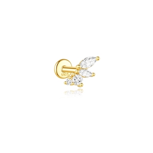 Detail of S925 sterling silver gold stud with marquise cubic zirconia leaf design