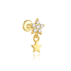 Macro detail of S925 sterling silver star earring with sparkling zirconia and screw back
