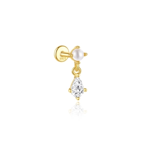 Detail of S925 silver gold-plated stud earring with white pearl and zircon drop pendant