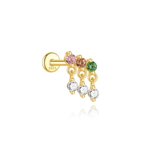 Macro shot of S925 sterling silver ear stud with colorful stones and hanging zircons