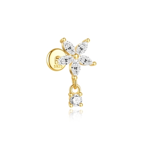 Macro shot of S925 sterling silver stamp on golden marquise zircon flower stud earring