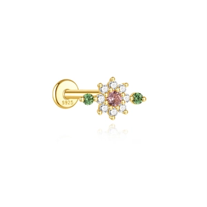 Detail of S925 sterling silver flower cartilage stud with pink and green zircon stones