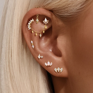 Detailed view of S925 sterling silver chain earrings with white opal and cubic zirconia