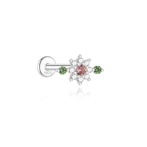 Detailed macro of S925 sterling silver flower cartilage stud with pink and green stones
