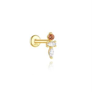 Close-up of S925 sterling silver earring with orange zircon and flower design details