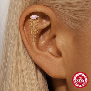 Pink marquise opal helix piercing in S925 sterling silver with golden tassel fringe