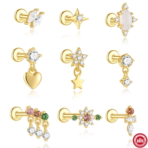 925 Sterling Silver Cartilage Piercing Stud Earrings Gold Plated Zirconia Opal Four Pointed Star Heart Flower Helix Earring For Women Jewelry