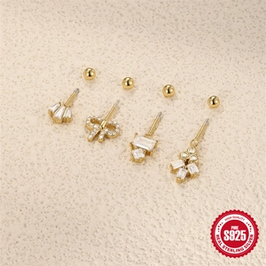 Set van vier S925 sterling zilveren vergulde oorknopjes met zirkoon en schroefsluiting