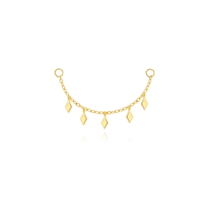Close-up of gold geometric rhombus pendants hanging on a delicate polished chain link