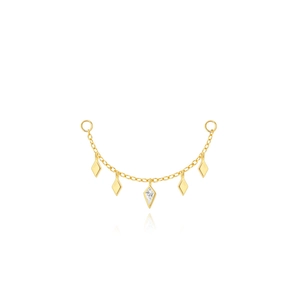 Detail of gold chain earring jacket with five kite pendants and one central clear crystal
