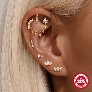 Elegant set of S925 sterling silver gold earrings with opal and zircon in bohemian style