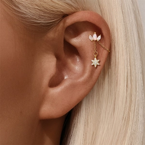 Detail of S925 silver star and heart chain earring with pink opal and zircon studs