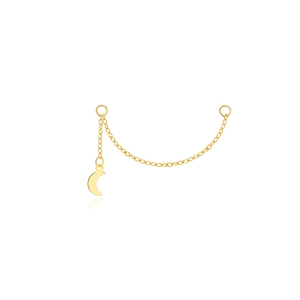 Detailed macro view of gold chain earring connector with a polished crescent moon pendant