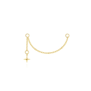 Close-up of gold chain earrings with a north star pendant and dual loop design