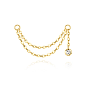 Detailed view of dual-layer gold chain earring connector with a round bezel-set zircon