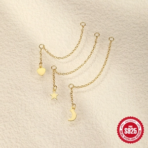 S925 sterling silver chain earrings set featuring gold star, heart and moon charms