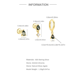 Detaillierte Größentabelle für Moosachat Ohrringe aus S925 Sterlingsilber Set