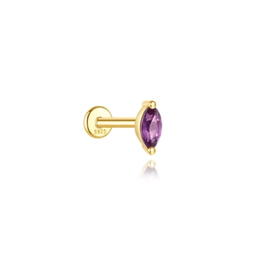 Λήψη macro της σφραγίδας S925 σε χρυσό σκουλαρίκι labret με μωβ κόσμημα marquise