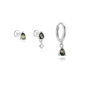 Detaillierte Makroansicht des S925 Silber Moosachat-Ohrringsets mit birnenförmigen Steinen