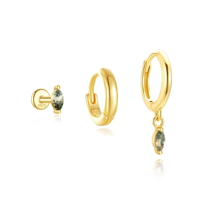 Drei-teiliges 925er Silber Ohrring-Set in Gold mit Markasit-Schliff Moosachat Steinen