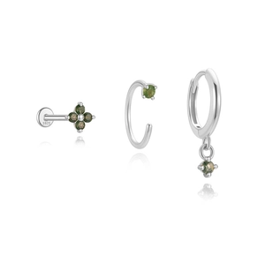 Detailansicht des 3-teiligen S925 Silber-Ohrring-Sets mit grünen Moosachat-Steinen